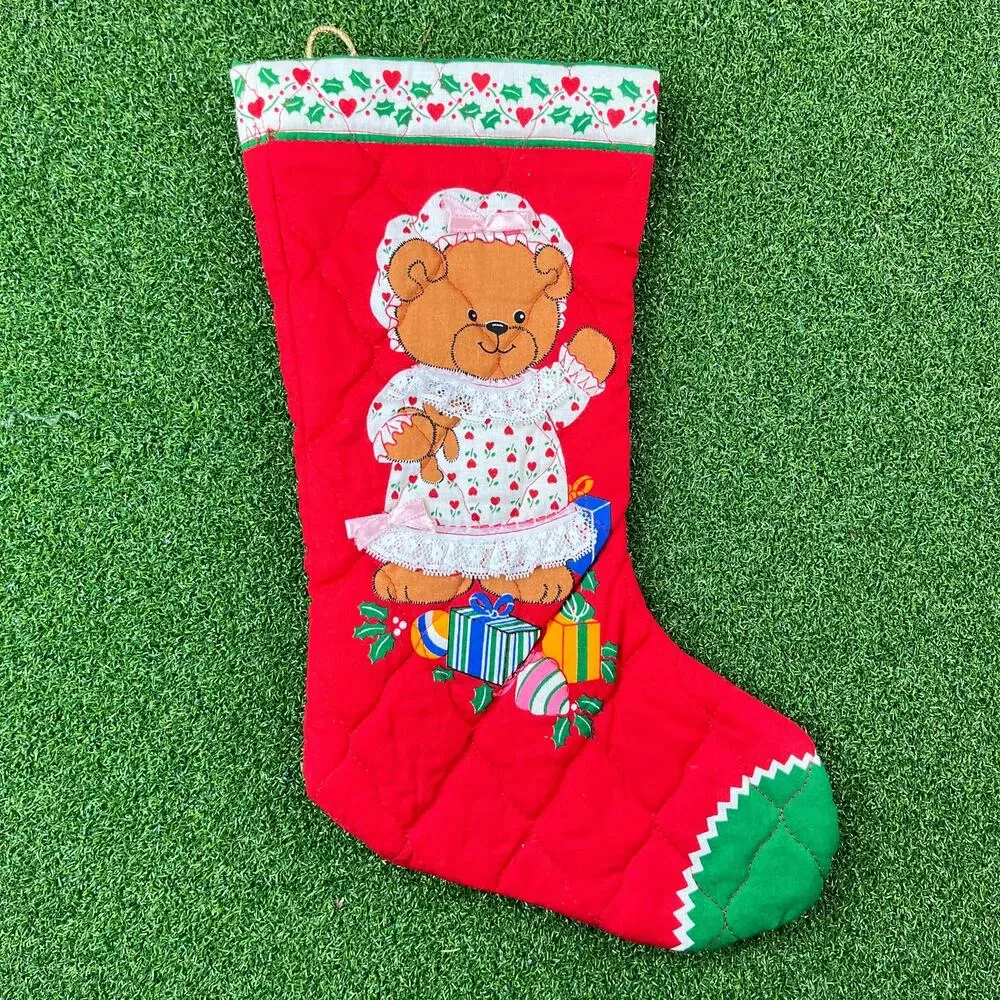 Vintage 1980s Lucy Rigg Handmade Quilted Teddy Bear Christmas Stockings